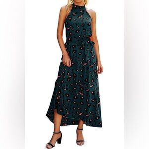 NWT Dark Green Halter Dress with Pink and Black Leopard Pattern size Large